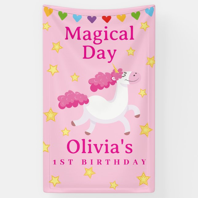 Lona Primer Día de la Clínica Rosa de Unicornio (Vertical)
