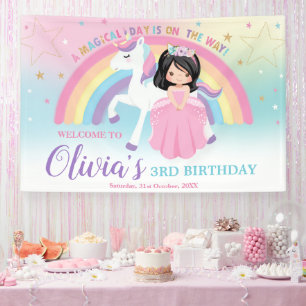 Lona Princesa de Cabello Negro Cumpleaños Unicornio Ros