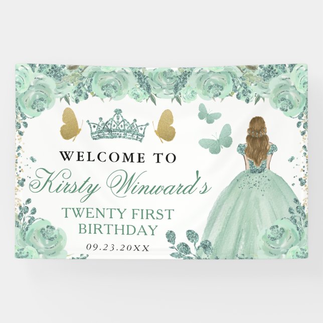 Lona Princesa de pelo rubio vestido verde Cumpleaños fl (Horizontal)