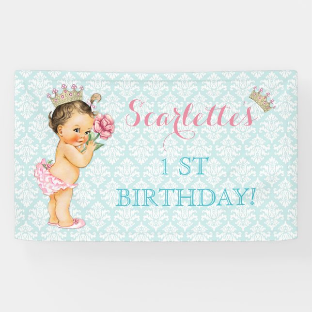 Lona Princesa Vintage Bebé Niña Oro Crown Pink Aqua (Horizontal)