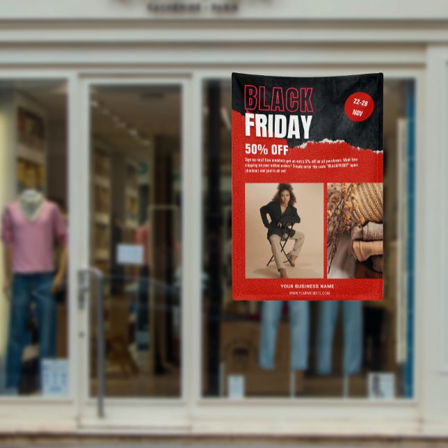 Lona Producto de promoción personalizada de foto roja v (Custom Photo Red Black Friday Product Promo Banner)