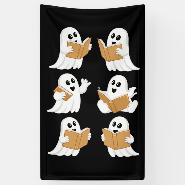 Lona Profesor de Halloween Fantasma Leyendo Libros Bibl (Vertical)