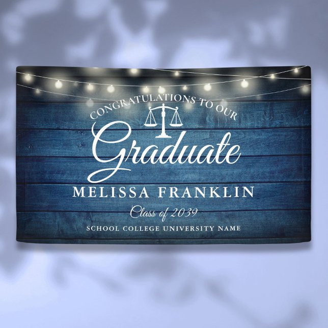 Lona Prohibición de graduación de la Facultad de Derech (Blue Wood String Lights Law School Graduation Bann Banner)