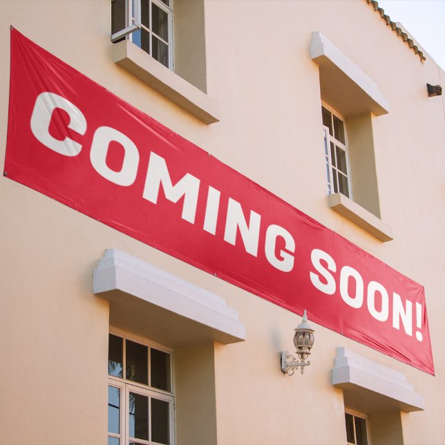 Lona Próximamente el texto de publicidad en rojo y blan (Subido por el creador)