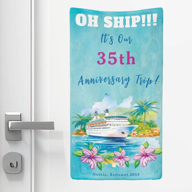Lona Puerta de crucero del Aniversario de la Playa de l (Anniversary Cruise Cabin Door Banner. Funny features watercolor ship and floral art. )