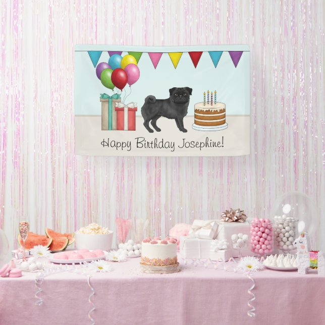 Lona Pug negro lindo perro de dibujos animados Cumpleañ (Fiesta)