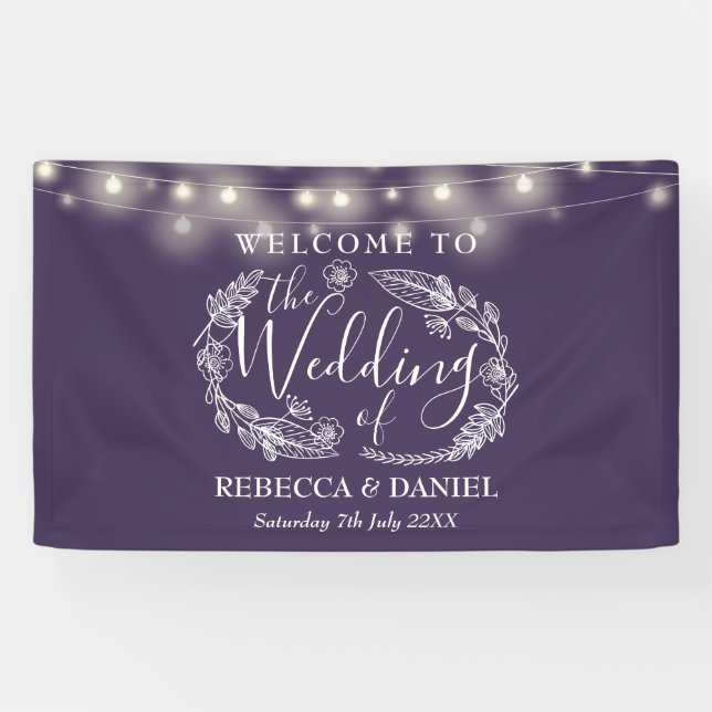 Lona Purple Floral String Lights Script Boda (Horizontal)