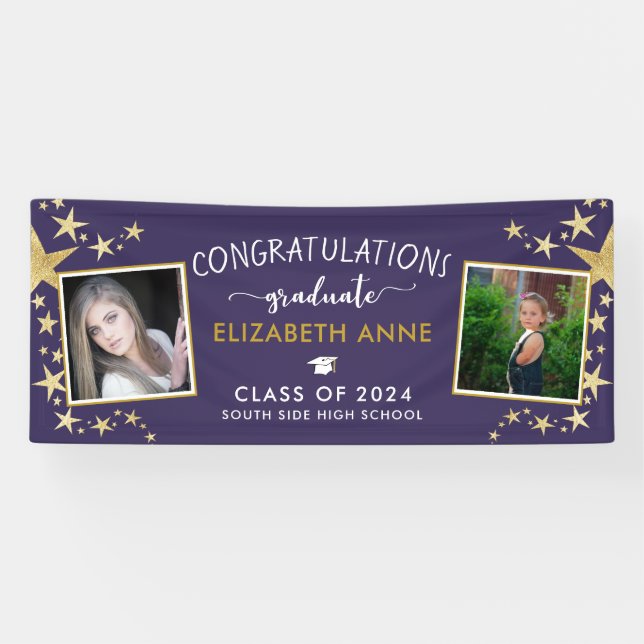 Lona Purple & Gold Stars Photo Congratulations Graduate (Horizontal)
