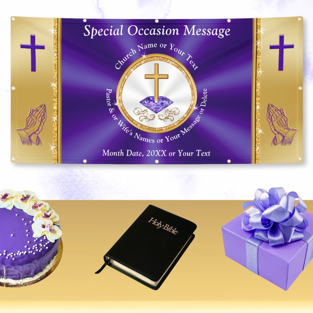 Lona Púrpura, oro, carteles de la iglesia al aire libre (Church Anniversary Banners. Pastor's birthday party or Pastor anniversary decoration, appreciation. )