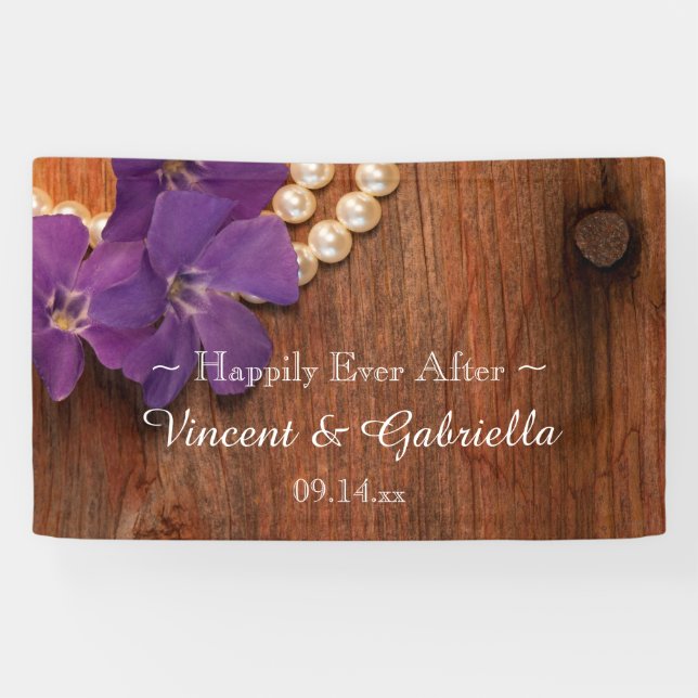 Lona Púrpura perwinkle, perlas y Boda de madera de pino (Horizontal)