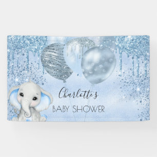 Lona purpurina azul de Baby Shower elefante niño plata