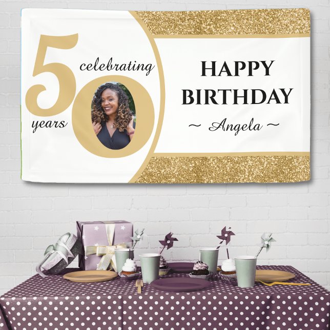 Lona Purpurina blanco y oro 50 50 años 50 cumpleaños (white & gold glitter 50th birthday party banner with photo)