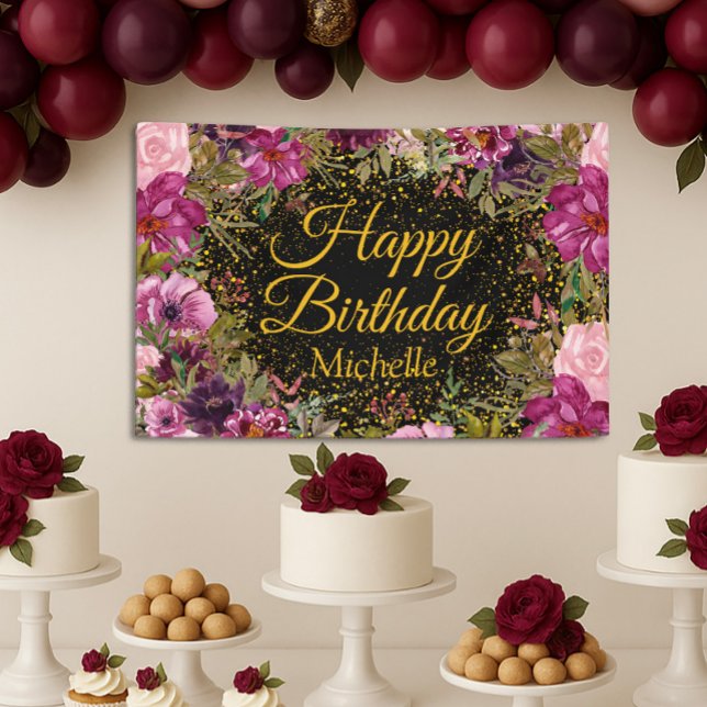 Lona Purpurina Borgoña Rosa Negro Nombre de cumpleaños  (Pink and black floral birthday banner with gold lettering and glitter)