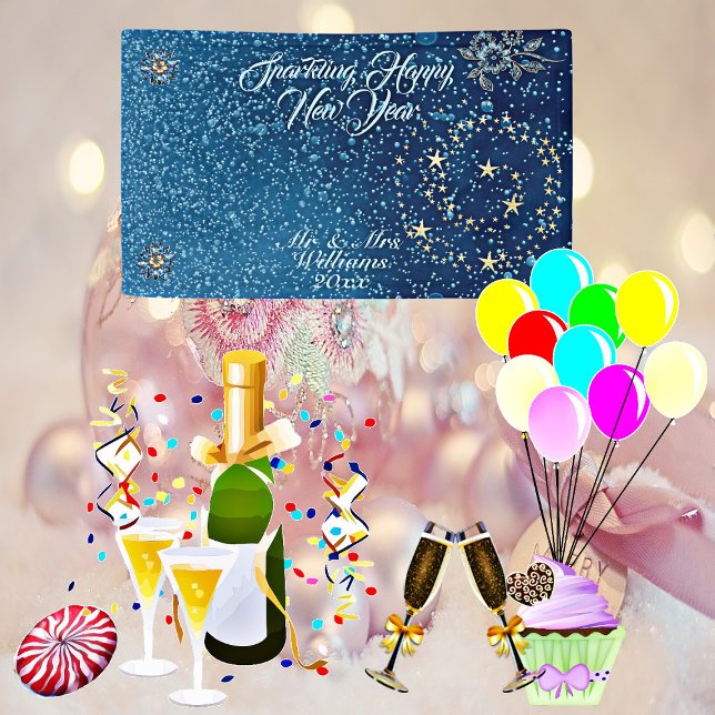 Lona Purpurina de Año Nuevo "Blue Sparkling" "Chears St (Blue Sparkling New Year Glitter Cheer Stars Floral Banner)