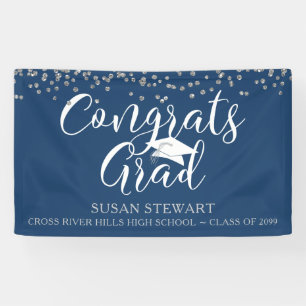 Lona Purpurina de graduación Confetti Script Blue Silve