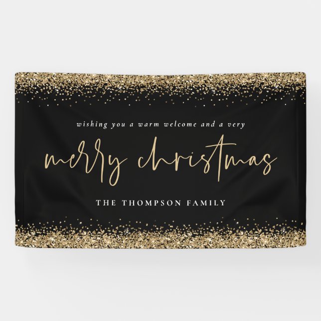 Lona Purpurina de oro Merry Christmas Name Black (Horizontal)