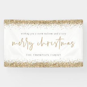 Lona Purpurina de oro Merry Christmas Name White Banner