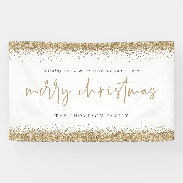 Lona Purpurina de oro Merry Christmas Name White Banner (Horizontal)