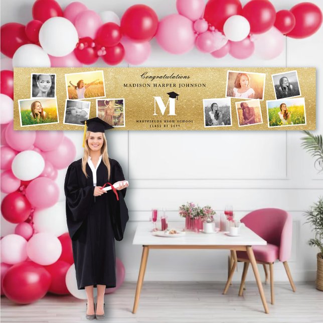 Lona Purpurina de oro Monograma 10 Fiesta de Graduación (Gold Glitter Name Monogram Stylish 10 Photo Graduation Party Banner @ www.zazzle.com/color_therapy)