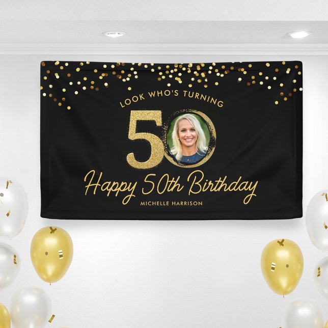 Lona Purpurina de oro negro 50 cumpleaños fiesta tu fot (Subido por el creador)