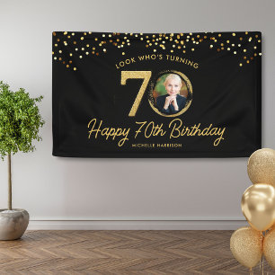 Lona Purpurina de oro negro 70 cumpleaños fiesta tu fot
