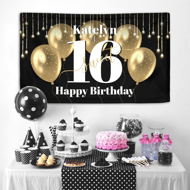 Lona Purpurina de oro negro dulce 16 globos de cumpleañ (Subido por el creador)