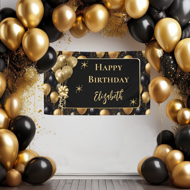 Lona Purpurina de oro negro elegante globos de cumpleañ (Elegant Black and Gold Faux Glitter Balloons Pattern A021 "Happy Birthday" [Name] Party Banner)