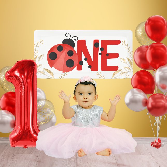 Lona Purpurina de oro One Ladybug Birthday Mini Banner (Light Pink Salmon Mini Watercolor Ladybug ONE Hanging Vinyl Banner for Photoshoot or Cake Smash)