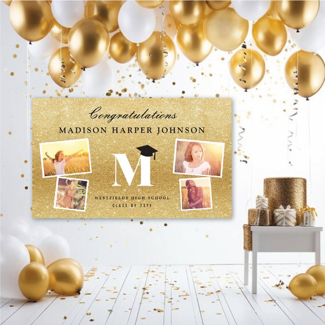 Lona Purpurina dorado Monograma 4 Fiesta Grad con estil (Gold Glitter Name Monogram Stylish 4 Photo Graduation Party Banner @ www.zazzle.com/color_therapy)