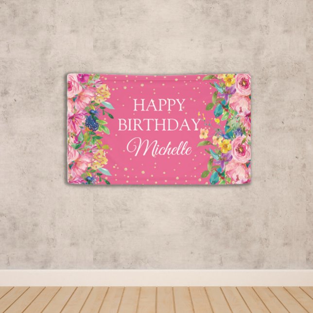 Lona Purpurina floral amarillo rosado Feliz cumpleaños (Pink and yellow floral with gold glitter "Happy birthday" banner personalized with a name.)