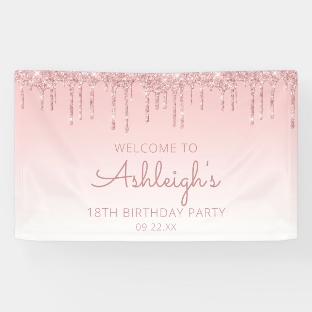 Lona Purpurina Girly Pink Drip Fiesta de Cumpleaños 18 (Horizontal)