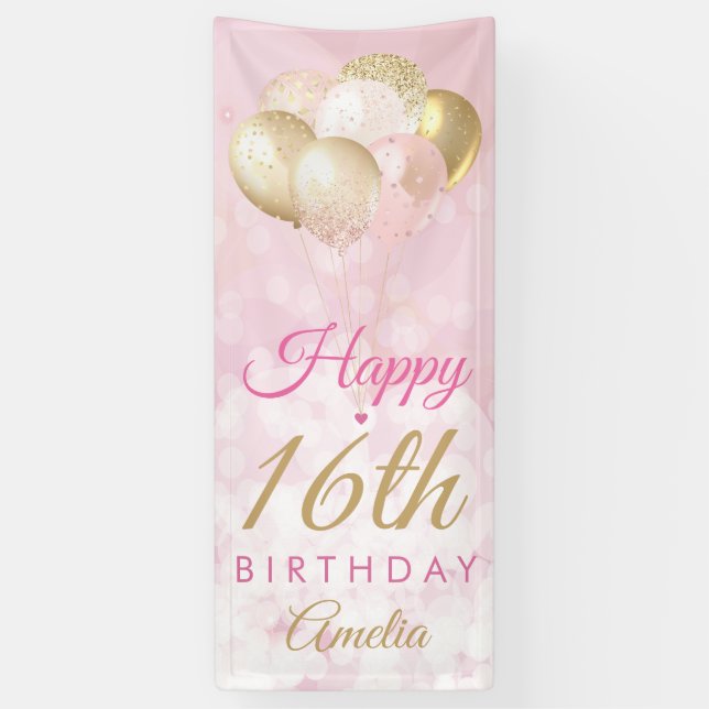 Lona Purpurina Girly Pink Globos 16 cumpleaños (Vertical)