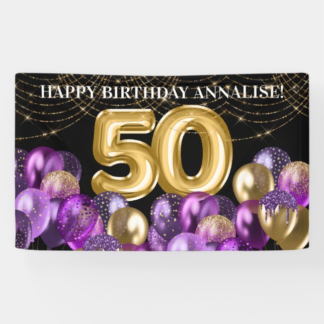 Lona Purpurina morado dorado globos 50 cumpleaños (Horizontal)