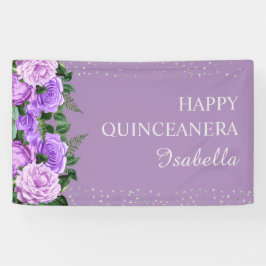 Lona Purpurina morado floral feliz nombre quinceañera