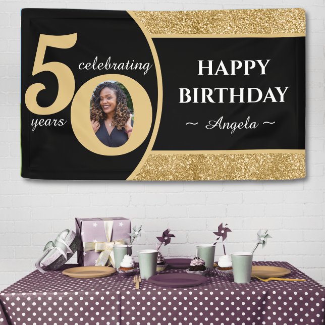 Lona Purpurina Negro y Oro 50 Cincuenta Años 50 Años Cu (black & gold glitter 50th birthday party banner with photo)
