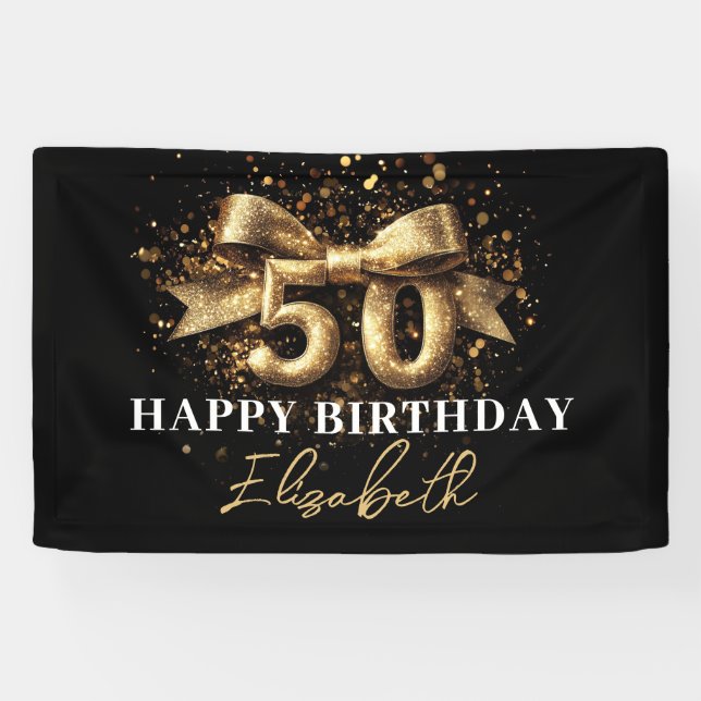Lona Purpurina negro y oro 50 Fiesta feliz cumpleaños (Horizontal)