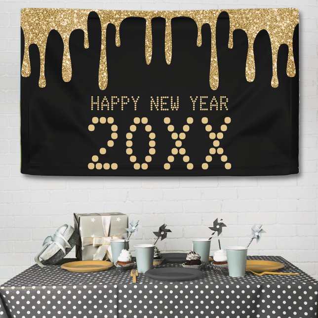 Lona Purpurina negro y oro gota feliz año nuevo 2024 (Black & Gold Glitter Drip Happy New Year 2024 Banner)