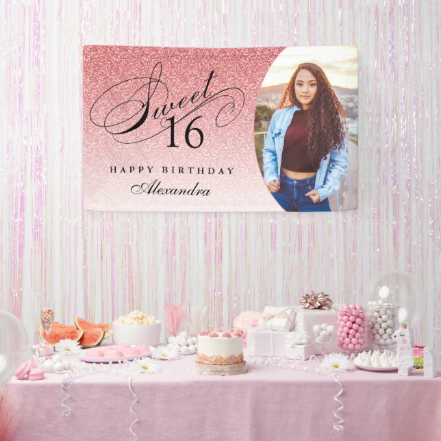 Lona Purpurina Rosa Bebé Dulce 16 Foto Personalizada (Fiesta)