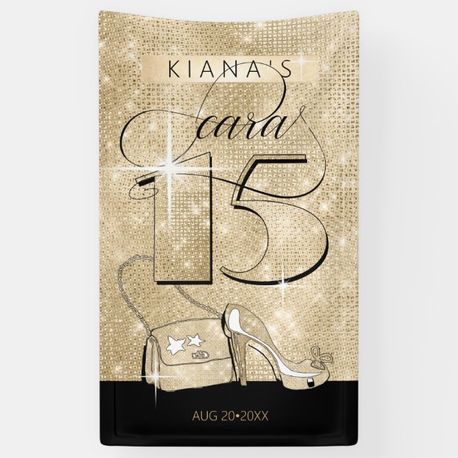 Lona Purpurina y brillantes Quinceanera Black/Gold Vrt  (Vertical)