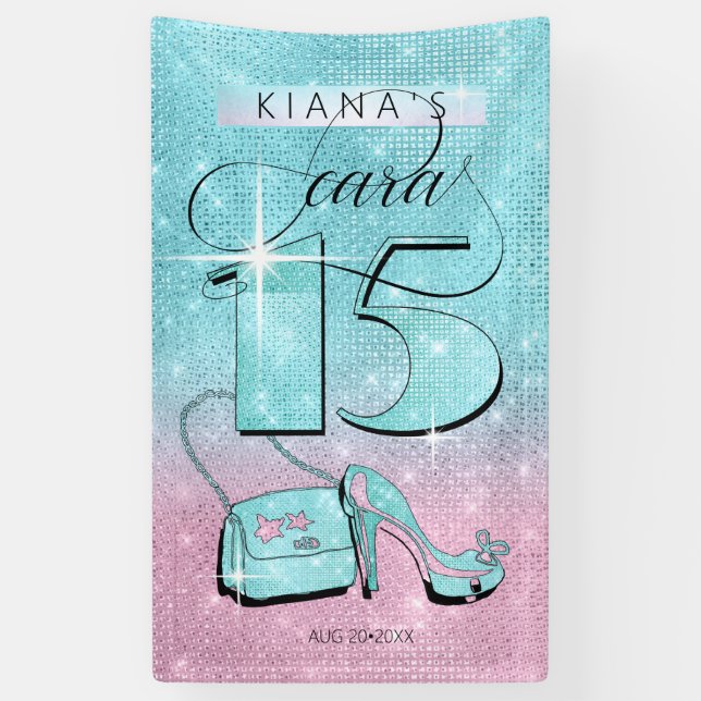 Lona Purpurina y brillantes Quinceanera Verde azulado/r (Vertical)