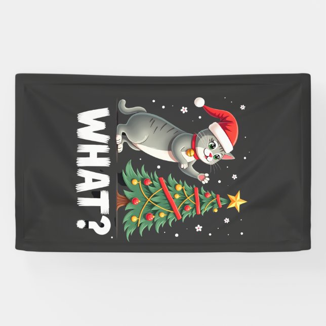 Lona Qué divertido gato empujando el árbol de Navidad s (Horizontal)