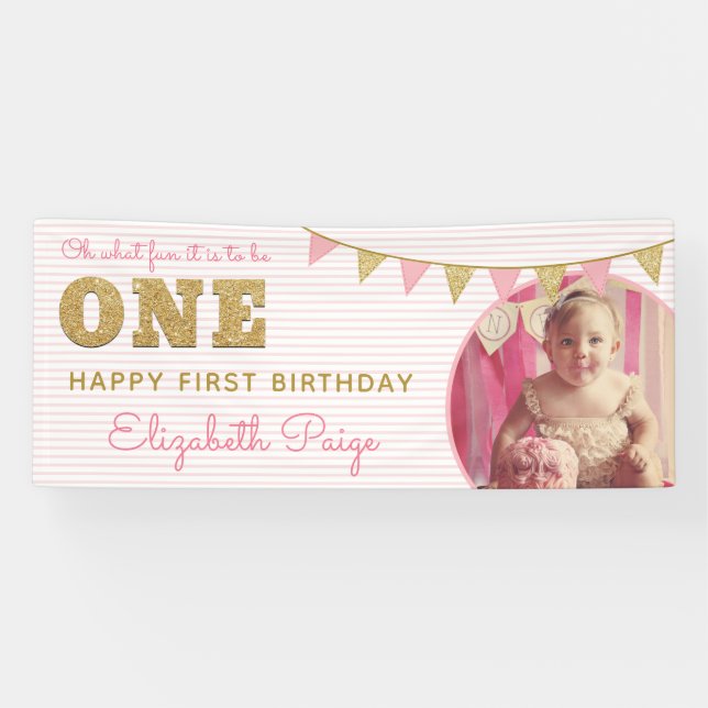 Lona Qué divertido ser UNO Cumpleaños número uno rosa y (Horizontal)