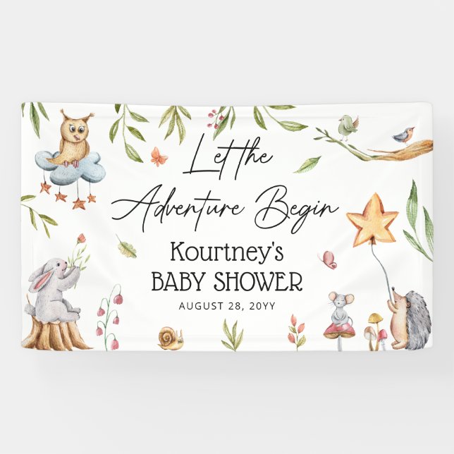 Lona Que empiece la aventura en Woodland Baby Shower (Horizontal)