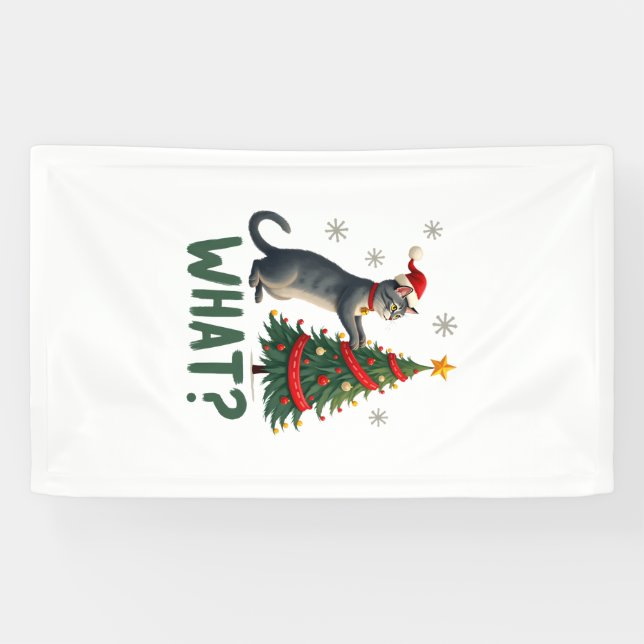 Lona Qué Gato Divertido Empujando Árbol De Navidad Sobr (Horizontal)