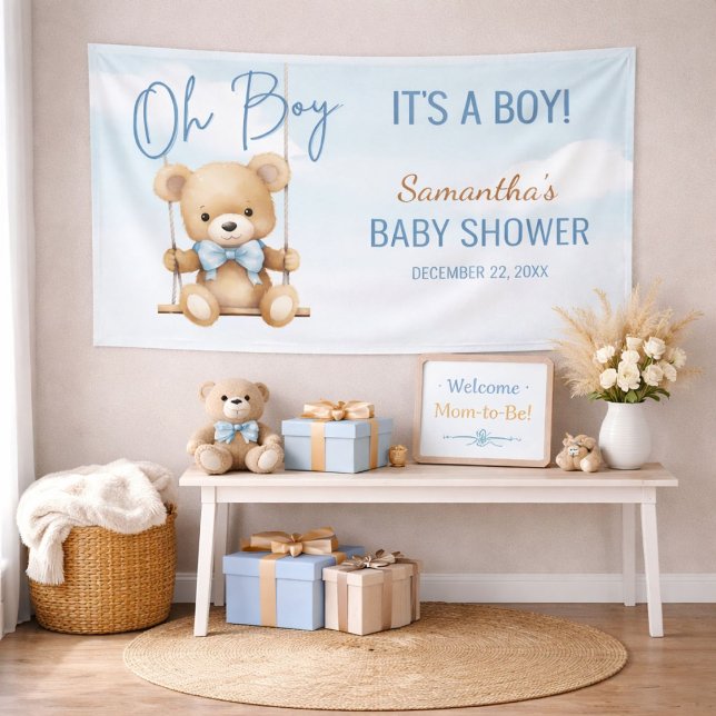 Lona Qué lindo, niño, es el fondo de Baby Shower de un  (Teddy bear baby shower backdrop styled in a cozy Oh Boy themed celebration setup)