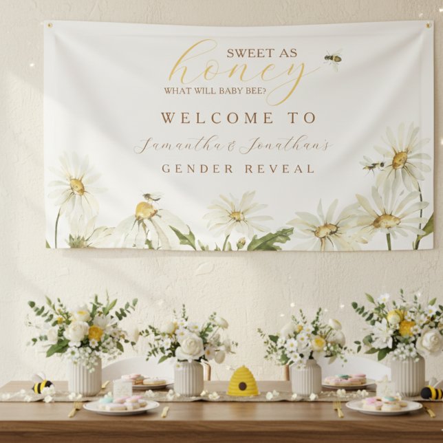Lona Qué será el cartel de revelación de género del beb (What Will Baby Bee Gender Reveal Welcome Banner)