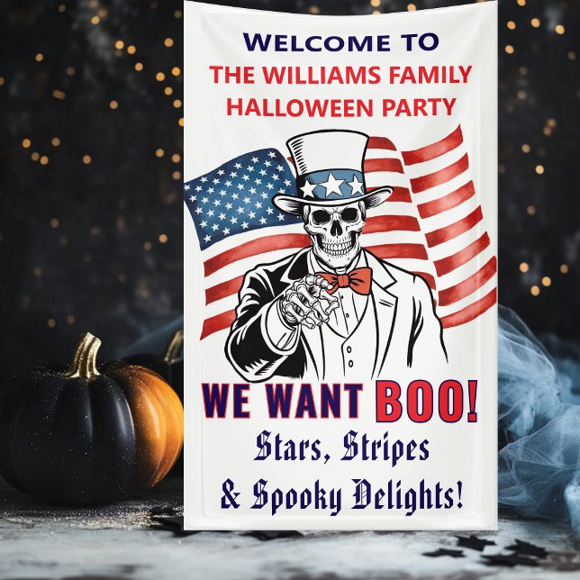 Lona Queremos Bienvenida a Boo Patriótico Halloween (Patriotic Uncle Sam Wants YOU BOO! Red white blue Spooky Skeleton Halloween Party Welcome Sign)
