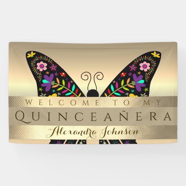 Lona Quinceanera 15º cumpleaños mariposa colorida (Horizontal)
