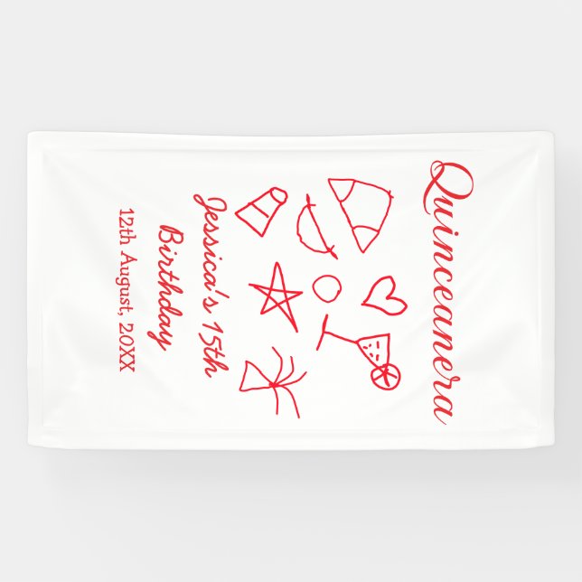 Lona Quinceanera 15th birthday red beach party tree sun (Horizontal)