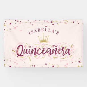 Lona Quinceañera Confeti Rosa y Burgundy Dorado de Moda